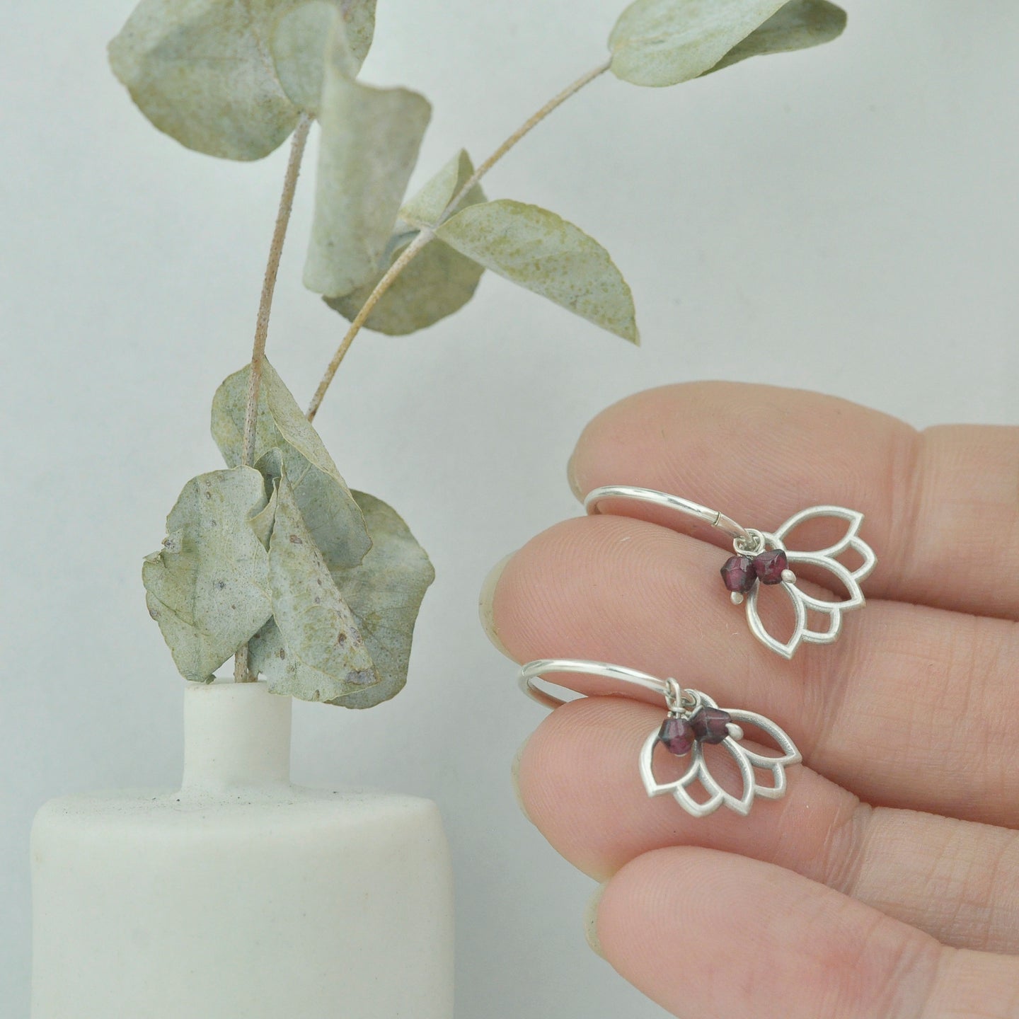 Garnet small hoops silver lotus earring, January birthstone.