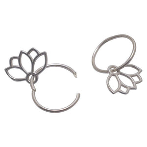 Diamond everyday sleeper hoops silver lotus earring, April birthstone.