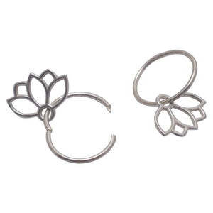 Sapphire September birthstone solid silver sleeper hoops, lotus charm.