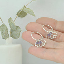 Amethyst small hoops silver lotus earring, February birthstone.