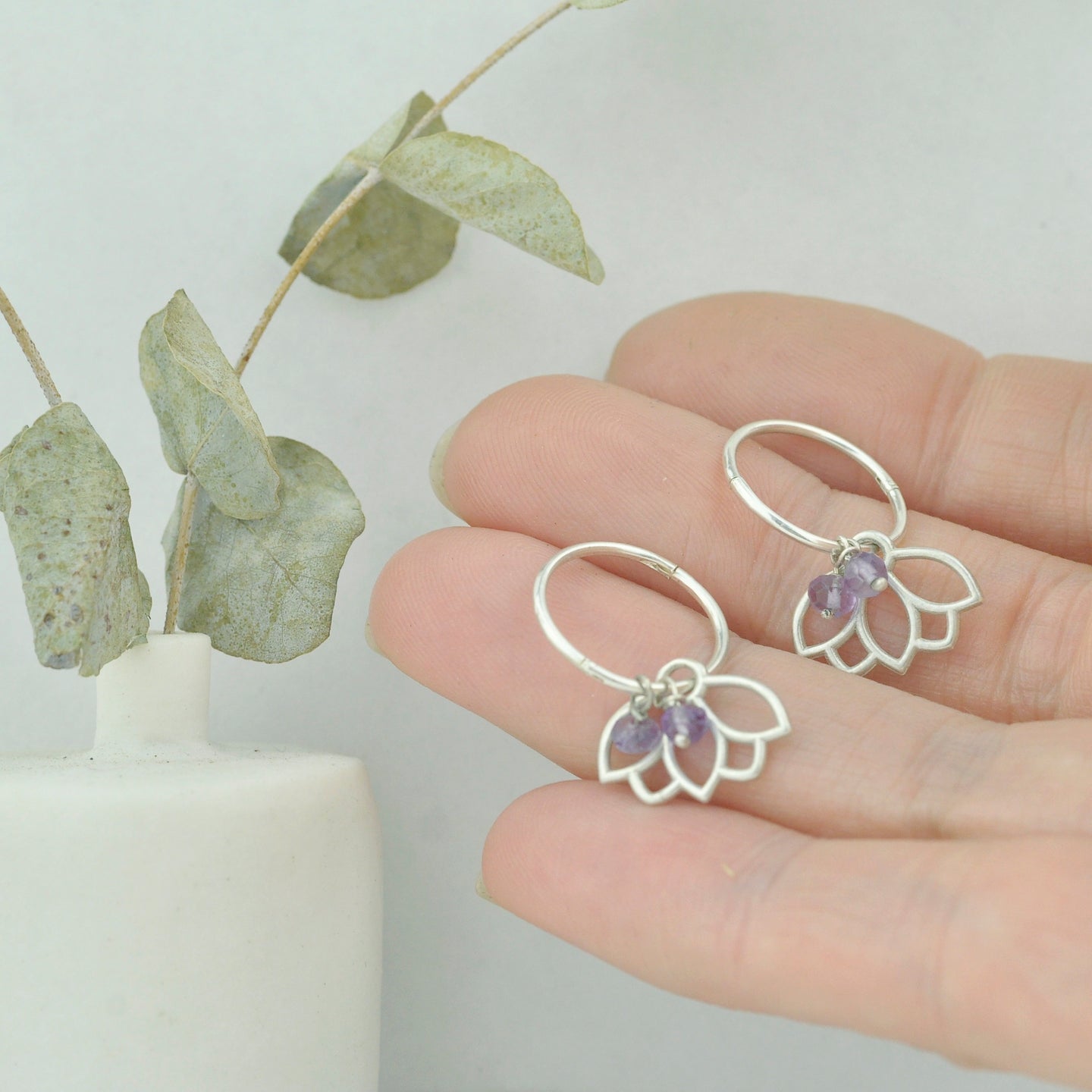 Amethyst small hoops silver lotus earring, February birthstone.