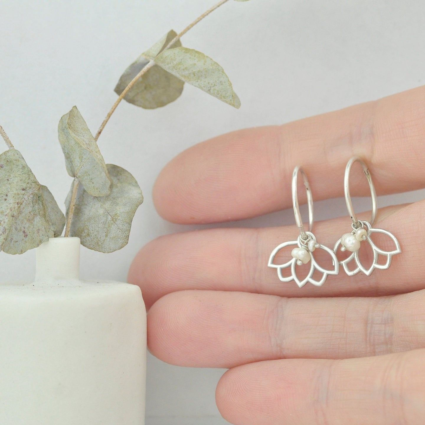 Pearl silver lotus hoops, June birthstone.