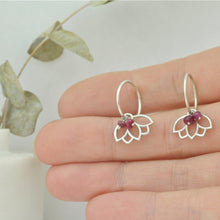 Ruby sleeper hoops silver lotus earring, July birthstone.