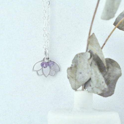 Amethyst February Birthstone Silver Lotus Necklace