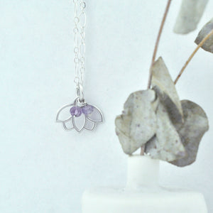 Amethyst February Birthstone Silver Lotus Necklace