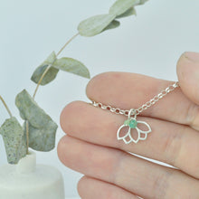 Emerald May Birthstone sterling silver Lotus charm necklace.