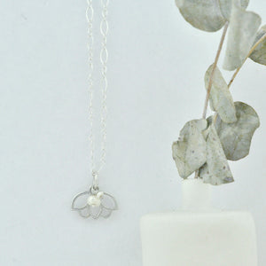 Pearl sterling silver Lotus charm necklace, June birthstone.