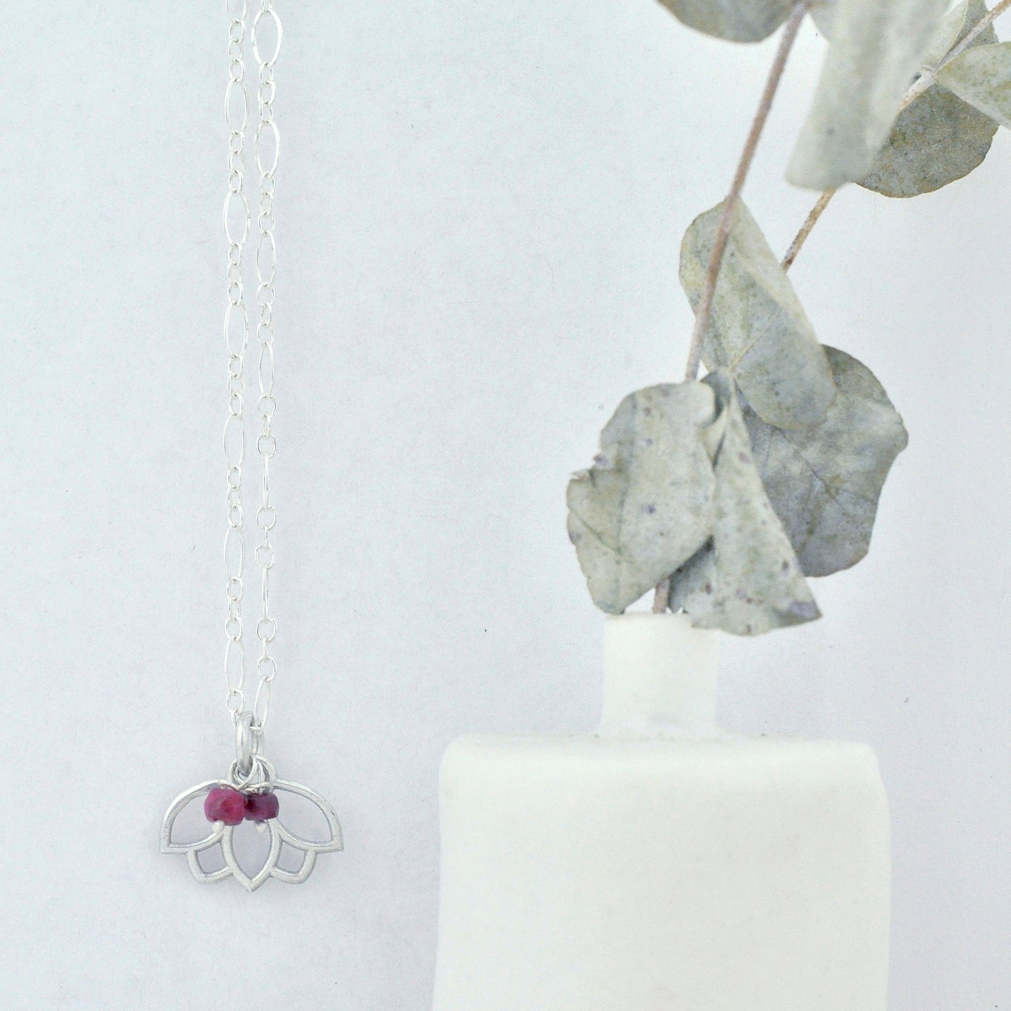Natural Ruby sterling silver minimal layering necklace with Lotus petal, July Birthstone