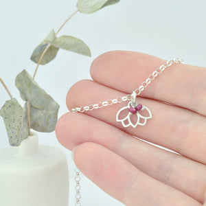 Natural Ruby sterling silver minimal layering necklace with Lotus petal, July Birthstone