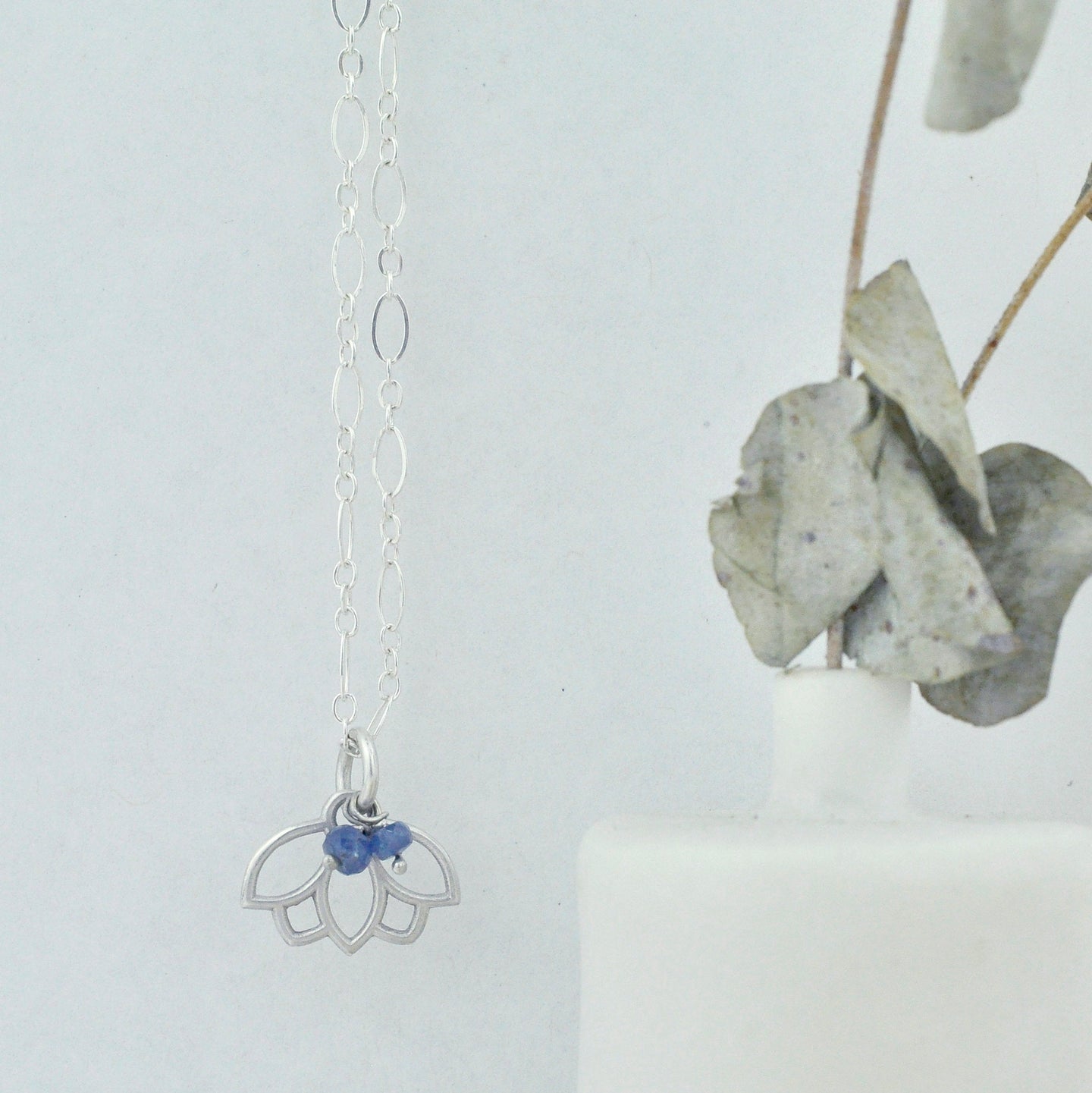 Natural Sapphire sterling silver minimal layering necklace with Lotus petal, September Birthstone