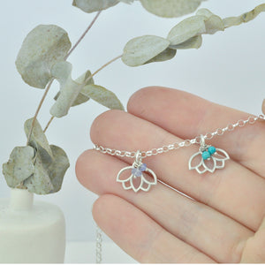 Turquoise December Birthstone sterling silver minimal layering necklace with Lotus petal