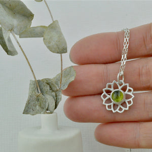 December birthstone 9kt Yellow gold necklace, Lotus flower,  Zircon, Turquoise or Tanzanite