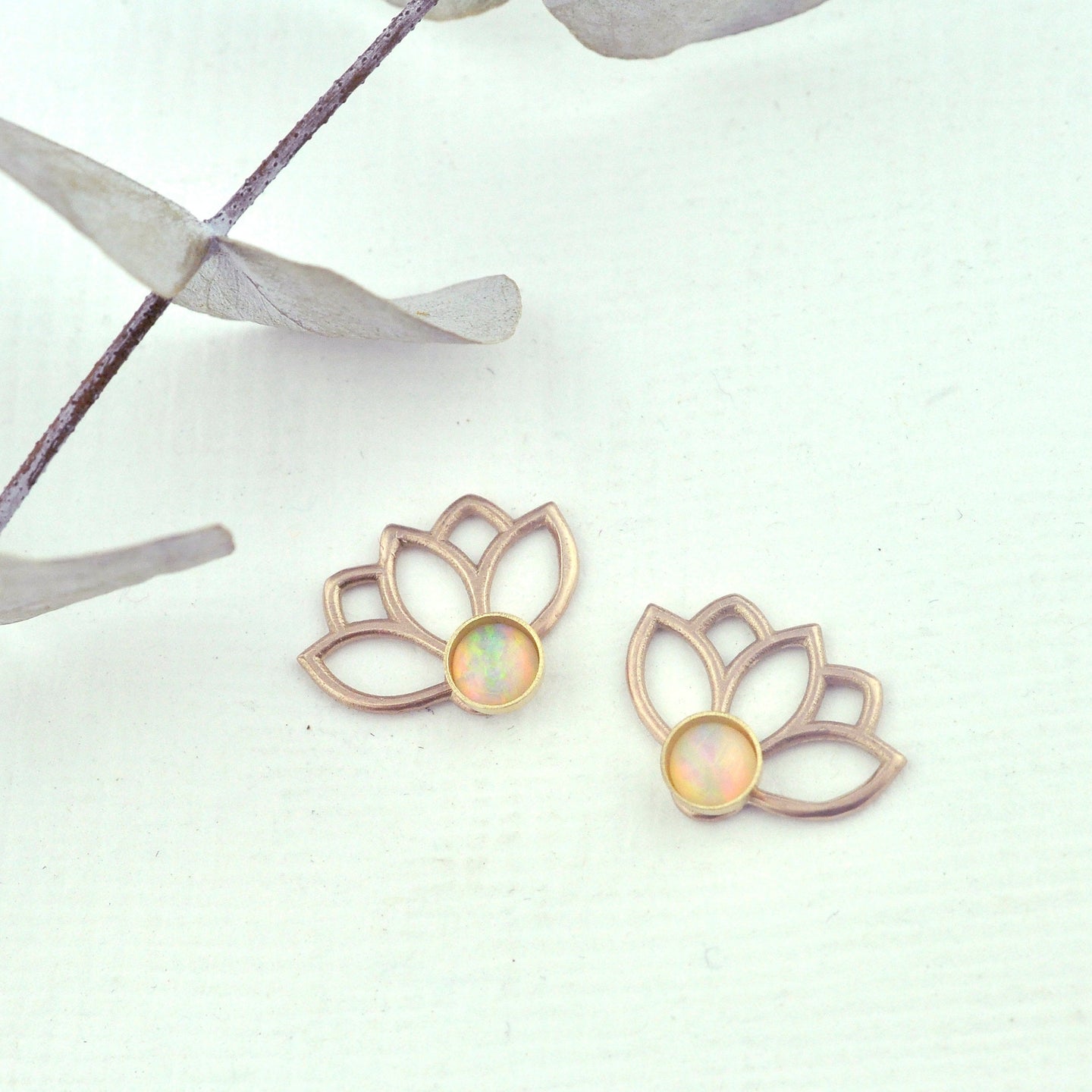 9ct Rose gold Australian Opal Lotus Studs.