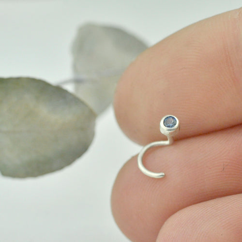 Blue natural sapphire silver nose stud, tiny 2.5mm