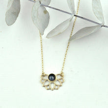 Solid 9kt Gold Sapphire Necklace, September birthstone, Lotus flower, on a gold fill chain