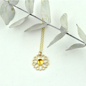 November birthstone 9kt Yellow gold necklace, Lotus flower,  Citrine or Topaz.