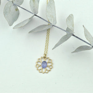 December birthstone 9kt Yellow gold necklace, Lotus flower,  Zircon, Turquoise or Tanzanite
