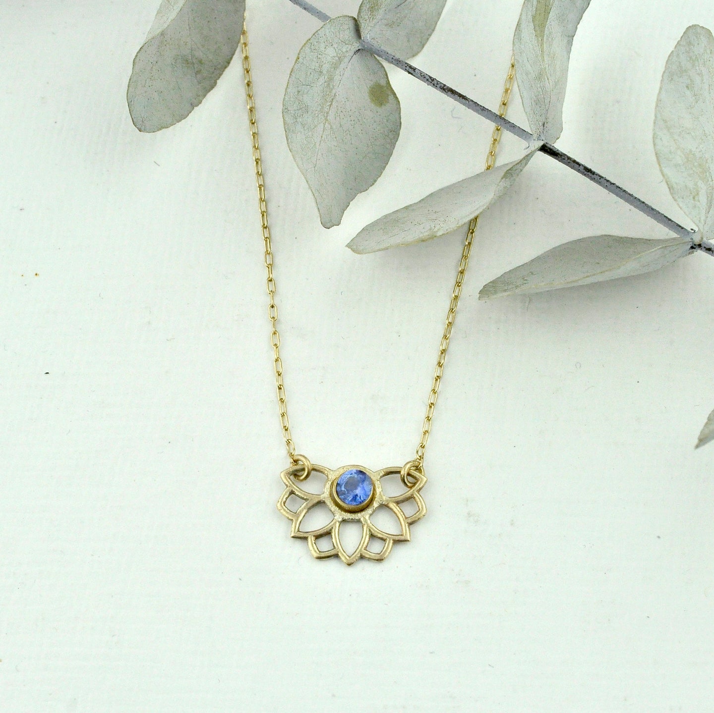 Solid 9kt Gold Sapphire Necklace, September birthstone, Lotus flower, on a gold fill chain