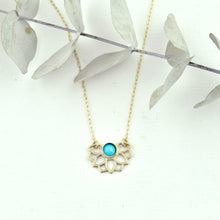 December birthstone 9kt yellow gold pendant, Lotus flower, Turquoise, Zircon or Tanzanite on a gold fill chain