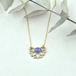 December birthstone 9kt yellow gold pendant, Lotus flower, Turquoise, Zircon or Tanzanite on a gold fill chain