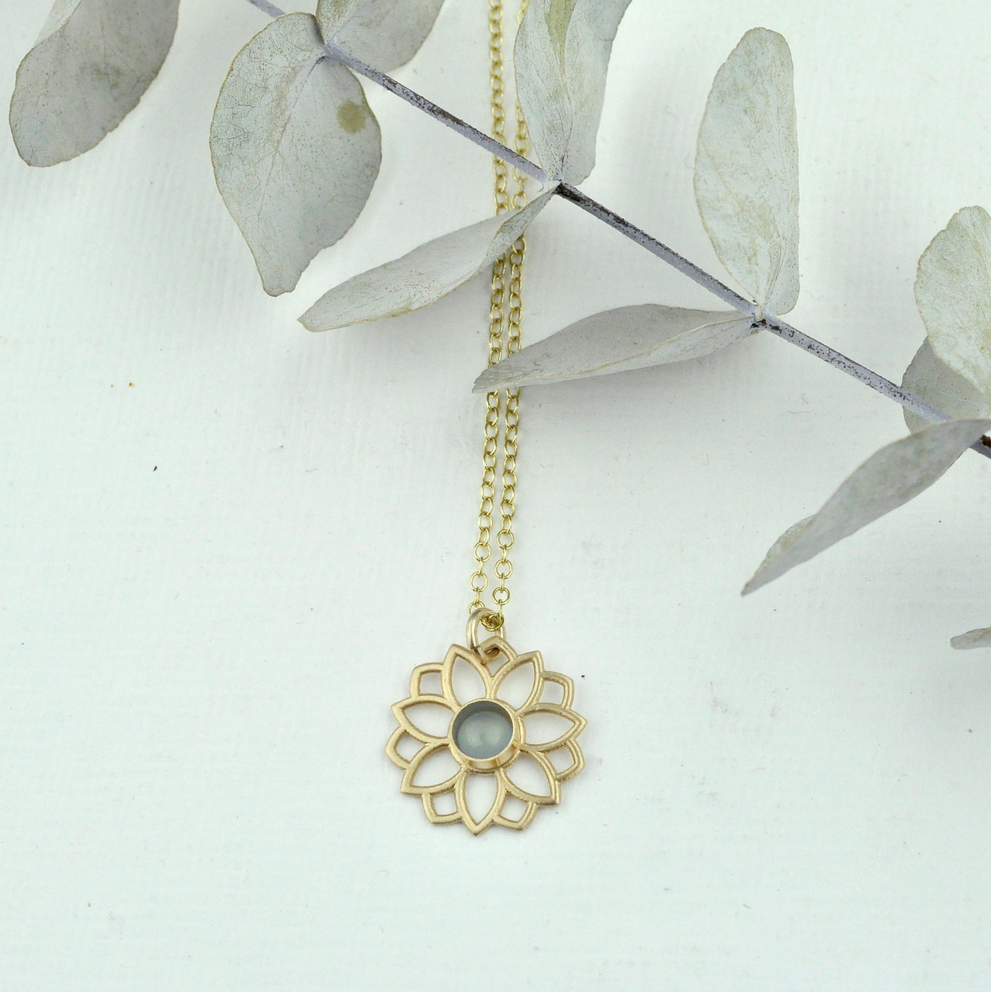 Aquamarine 9ct Yellow gold necklace, Lotus flower, March birthstone.