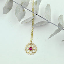 Natural Ruby 9ct Yellow gold necklace, flower, July birthstone.