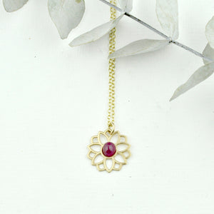 Natural Ruby 9ct Yellow gold necklace, flower, July birthstone.