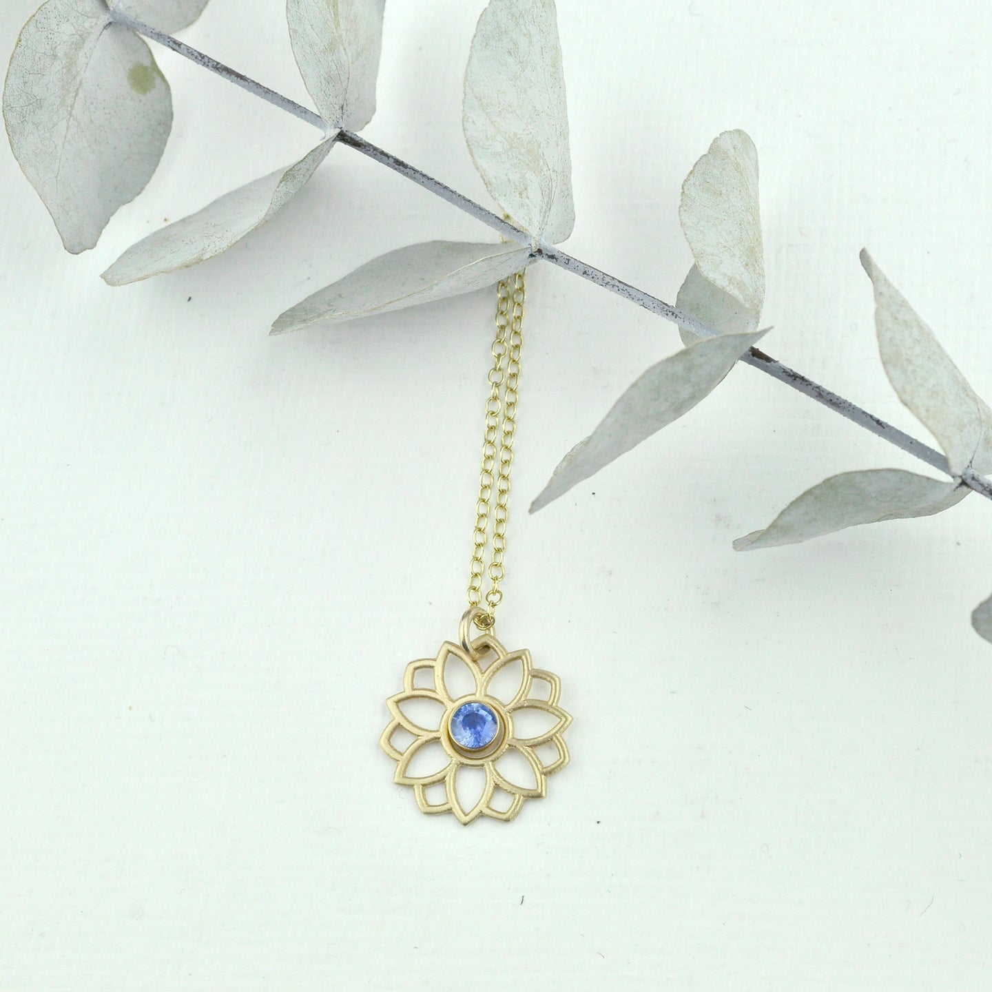 Blue Sapphire 9ct Yellow Lotus gold necklace.