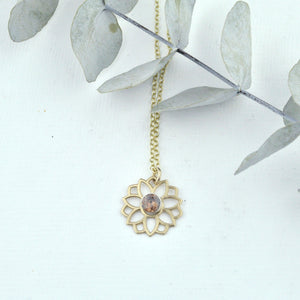 December birthstone 9kt Yellow gold necklace, Lotus flower,  Zircon, Turquoise or Tanzanite