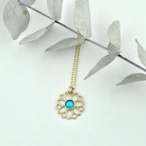 December birthstone 9kt Yellow gold necklace, Lotus flower,  Zircon, Turquoise or Tanzanite