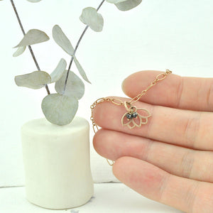 9ct Rose Gold Black diamond Lotus charm (on gold plated) bracelet, April Birthstone.