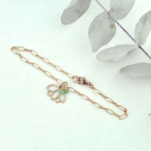 Emerald bracelet, 9ct Rose gold Lotus charm (bracelet rose gold plated), May Birthstone.