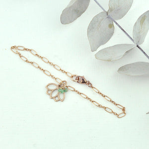 Emerald bracelet, 9ct Rose gold Lotus charm (bracelet rose gold plated), May Birthstone.