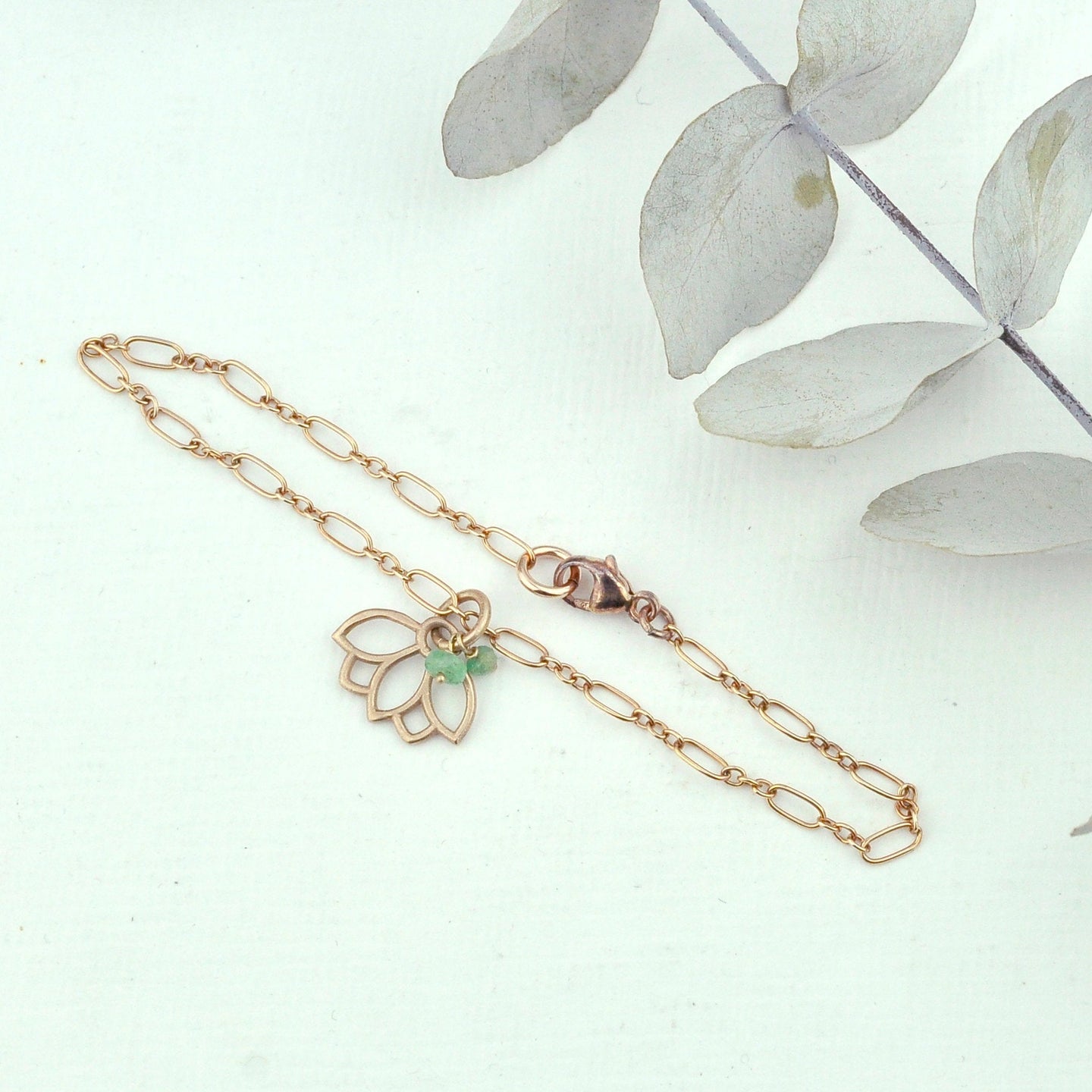 Emerald bracelet, 9ct Rose gold Lotus charm (bracelet rose gold plated), May Birthstone.