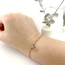 Emerald bracelet, 9ct Rose gold Lotus charm (bracelet rose gold plated), May Birthstone.