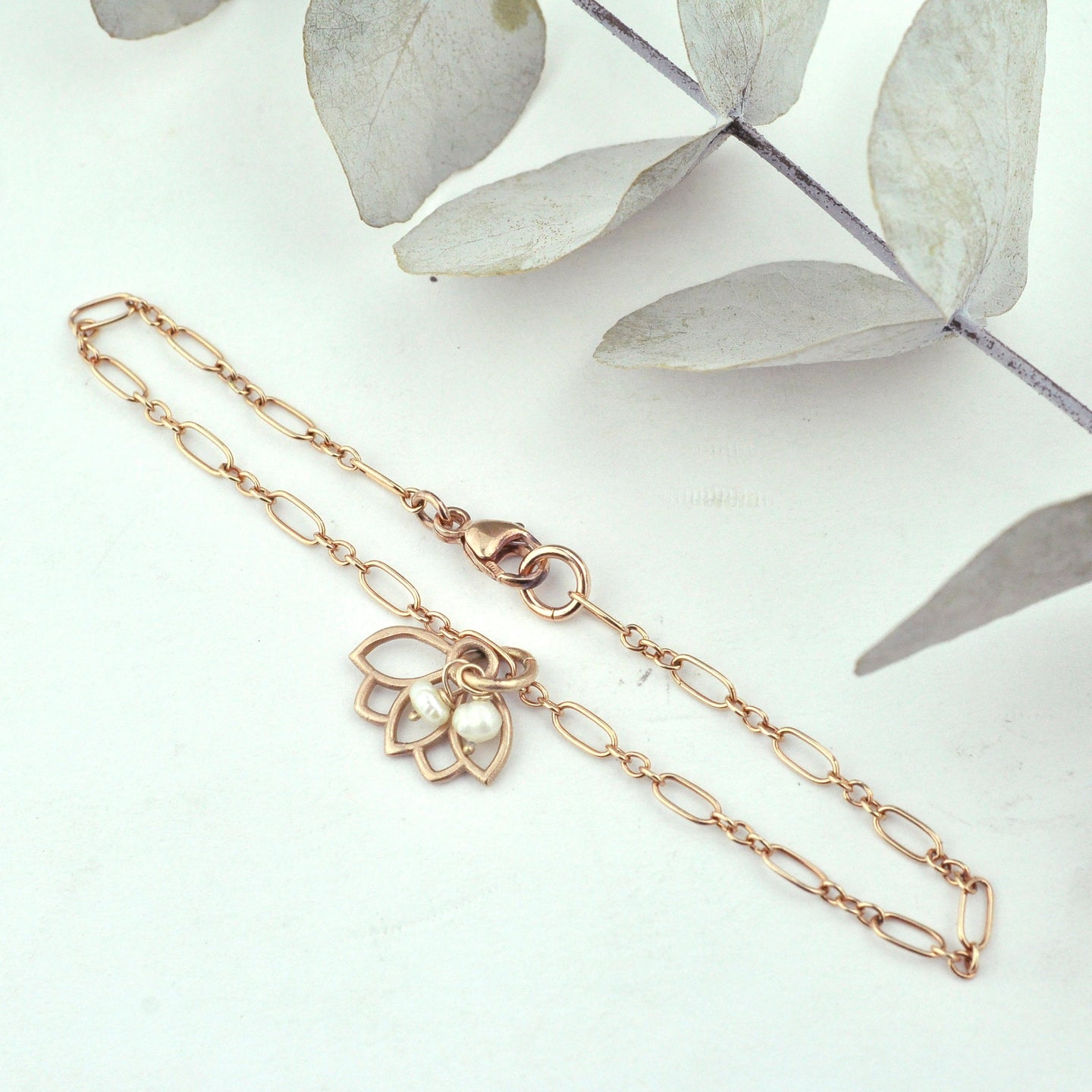 Pearl bracelet, 9ct Rose gold Lotus charm (bracelet rose gold plated), June Birthstone.