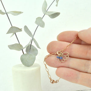 Sapphire bracelet, 9ct Rose gold Lotus charm (bracelet rose gold plated), September Birthstone.