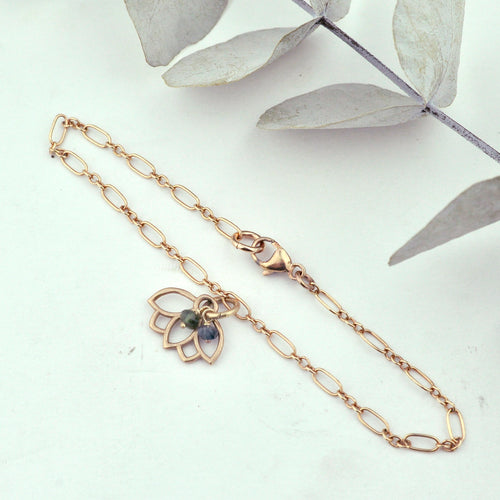 Green Tourmaline bracelet, 9ct Rose gold Lotus charm (bracelet rose gold plated), October Birthstone.