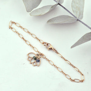 Green Tourmaline bracelet, 9ct Rose gold Lotus charm (bracelet rose gold plated), October Birthstone.