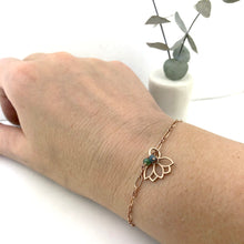 Green Tourmaline bracelet, 9ct Rose gold Lotus charm (bracelet rose gold plated), October Birthstone.
