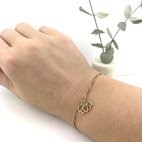 Peridot bracelet, 9ct Rose gold Lotus charm (bracelet rose gold plated), August Birthstone.