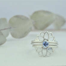 Blue Sapphire silver Lotus ring set.