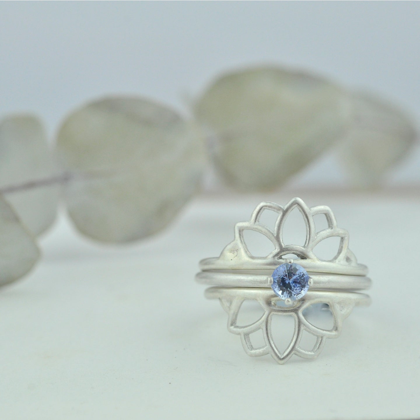 Blue Sapphire silver Lotus ring set.