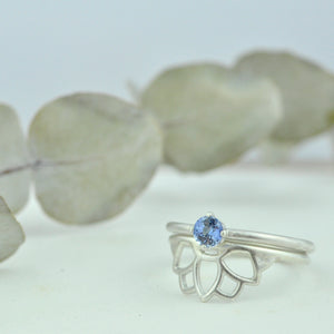 Blue Sapphire silver Lotus ring set.