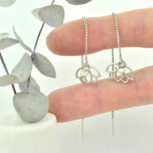 Pearl silver Lotus threader earring, all birthstones available.
