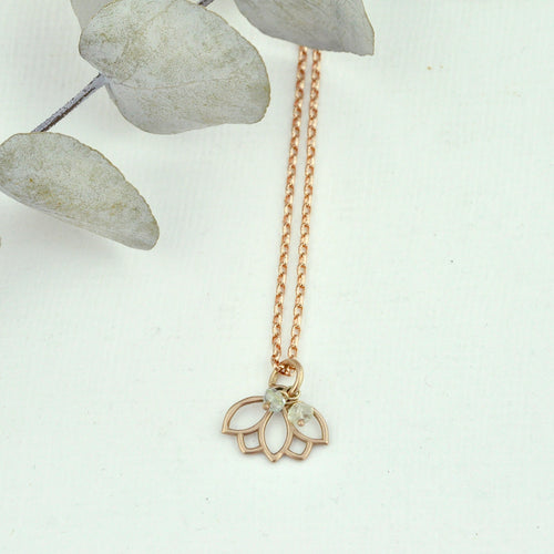 9ct Rose Gold Aquamarine March birthstone Lotus charm necklace, all birthstone options.