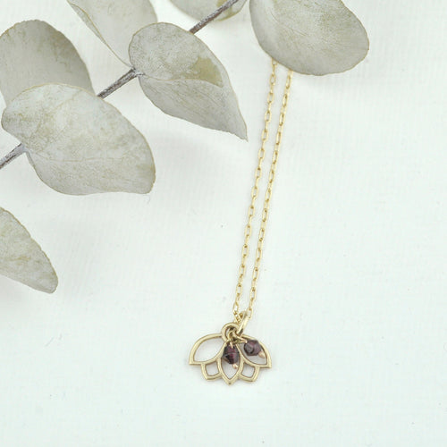 9ct Gold Garnet Lotus charm necklace, January birthstone, all birthstone options.