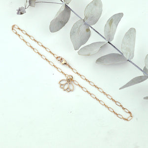 Anklet 9ct rose gold lotus charm, gold fill chain. Optional birthstone beads.