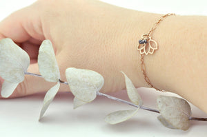 9ct Rose Gold Black diamond Lotus charm (on gold plated) bracelet, April Birthstone.
