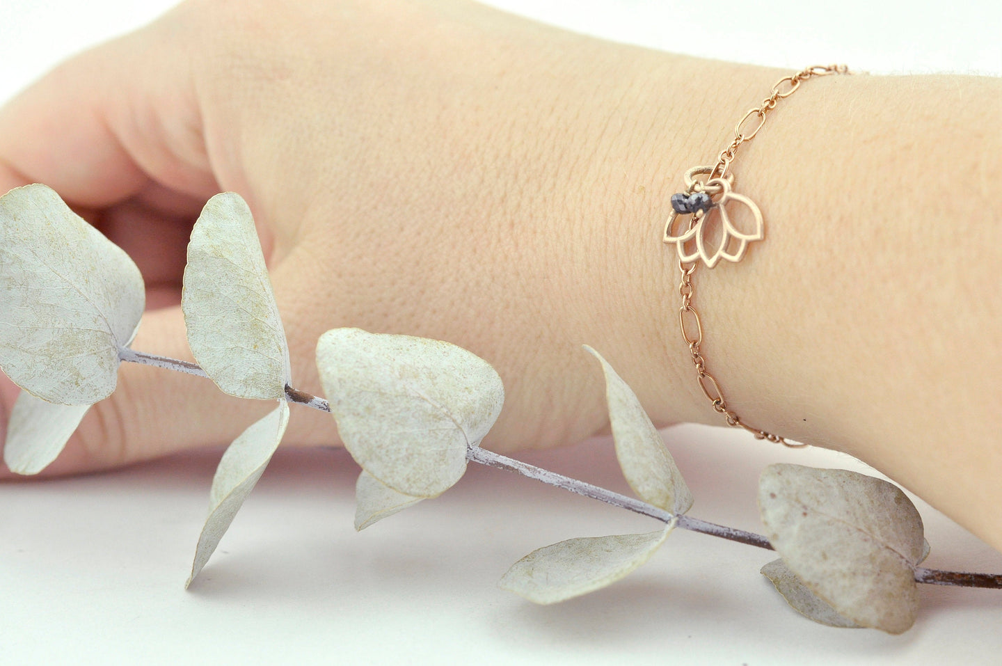 9ct Rose Gold Black diamond Lotus charm (on gold plated) bracelet, April Birthstone.